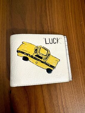 Coach Leather Wallet With Yellow Car Print Cream/Yellow Color